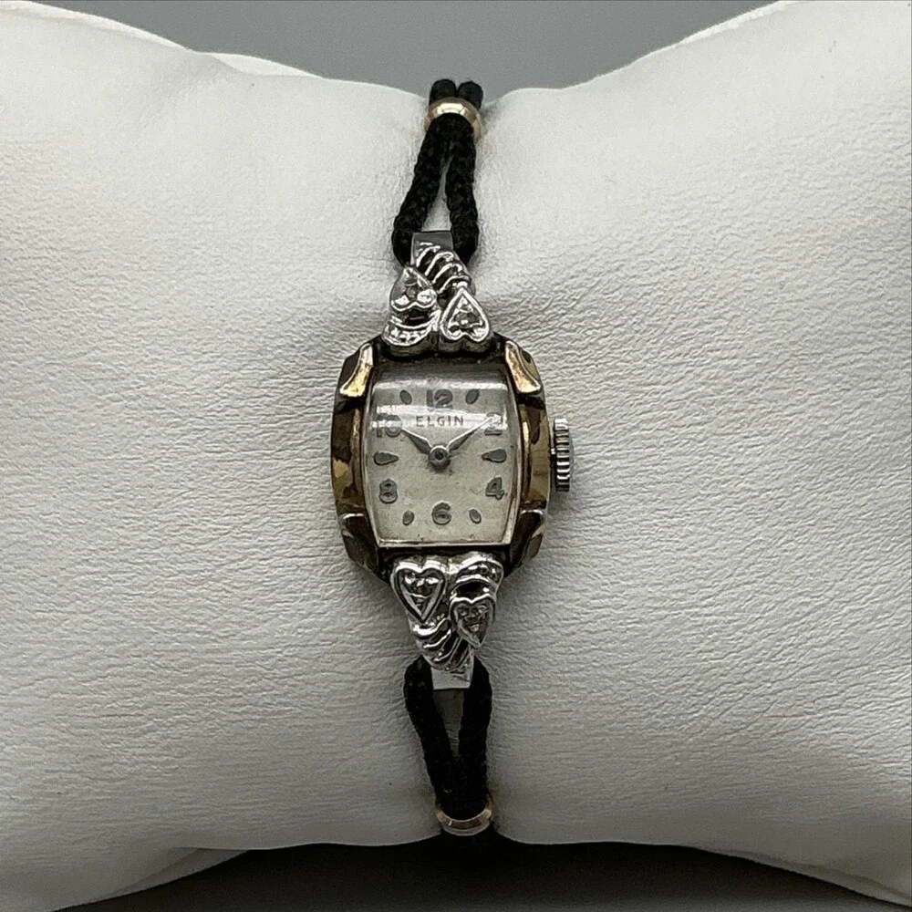 Vintage Elgin Womens Watch 14mm 10K RGP 1957 Diamond Black Cord Manual 5.75